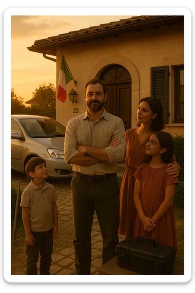 Uomo tra i 35 e i 45 anni, in piedi con postura fiera davanti alla sua casa, circondato dalla famiglia: moglie e figli lo guardano con rispetto e affetto. Indossa abiti semplici ma ordinati, simbolo di lavoro e stabilità (camicia, pantaloni, magari una cassetta degli attrezzi o una valigetta vicino). Sullo sfondo elementi che richiamano i suoi ruoli: casa ordinata, auto familiare, strumenti di lavoro, simboli di protezione e presenza. Espressione serena, forte ma accogliente. Colori caldi, luce naturale del tramonto. Stile realistico, atmosfera rassicurante e simbolica in italia, immagine realistica sticker