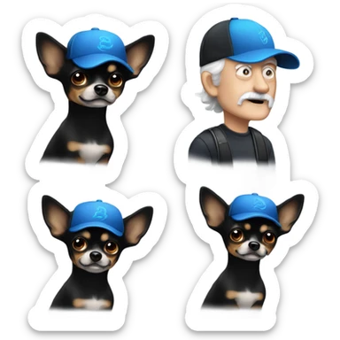 Old man with blue eyes goatee ball cap  and black long haired chihuahua sticker