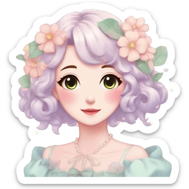 Gorgeous pastel anime style lady with blushing face and flowers cottagecore fairycore pastelcore colorful pearly romantic simplistic aesthetic trending style sticker