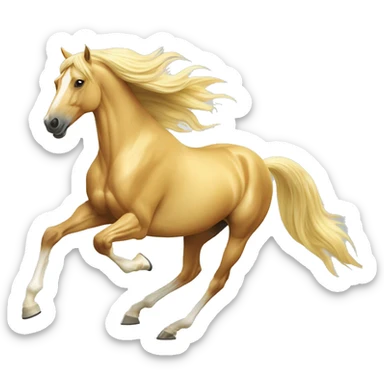 Yellow palomino horse with long flowing mane galloping with prosthetic leg, slender horse, solid yellow horse, running, yellow horse galloping with prosthetic leg, pretty horse sticker