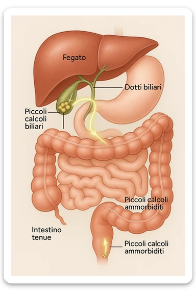 A realistic, educational medical illustration showing the human digestive tract focusing on the liver, gallbladder, bile ducts, and intestines. The gallbladder is depicted with small gallstones inside. A soft glowing arrow indicates the flow of bile and small stones moving naturally from the gallbladder through the bile ducts into the intestines. In the colon, small softened gallstones are shown being prepared for elimination, symbolizing their removal through bowel movements. The style is clean, precise, and clear with soft anatomical colors (greens, soft reds, and yellows) and faint glowing arrows to illustrate the process. The background is a subtle neutral gradient to keep the focus on the organs and the pathway. The image conveys the concept of natural gallstone elimination through the intestines via the stool in a clear, non-graphic, and educational way in italiano sticker