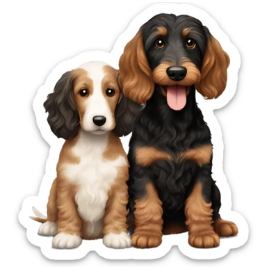 Brown golden doodle and black and tan and cream dachshund sitting together ￼￼ sticker