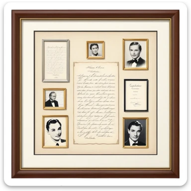 Icon for Autograph Collecting: several vintage sheets in frames with famous celebrity signatures on them, with a classic fountain pen nearby. The icon should evoke the elegance and rarity of collecting autographs. Transparent background. sticker