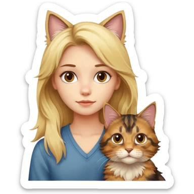 blonde girl with a maincoon cat and a tortie cat sticker