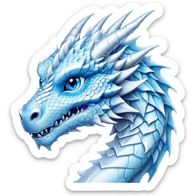 Cinematic Noble Beautiful Ice Dragon Portrait Emoji, Poised and majestic, with an ethereal, crystalline body adorned in intricately detailed scales of frosty blues and silvery whites reminiscent of glacial ice and delicate snowflakes, and piercing, cool eyes reflecting winter’s clarity; rendered with lifelike texture and subtle natural highlights, high shine, elegant and formidable, styled with an aura of chilling mythic beauty, focused and serene, soft glowing outline, capturing the essence of a legendary ice sovereign ready to glide gracefully out of the screen with timeless frosty allure! sticker