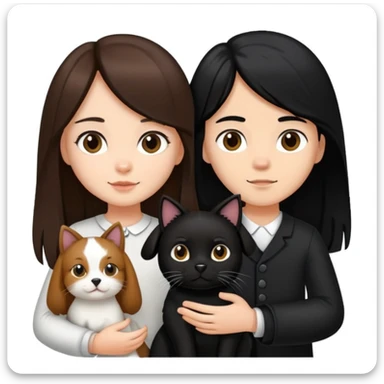 A girl with long brown hair holding the hand of a boy with black hair, both dressed in black, holding a cat and dog sticker