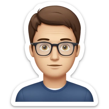 a young man around 30 years old, with brown hair, longer rectangular face, light yellow skin color, small eyes with rectangle shape glasses, without beard, no forehead wrinkles sticker