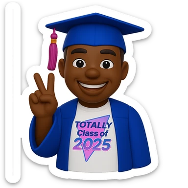 Create a cool emoji based on the person in the reference photo, wearing a graduation outfit, making a peace sign with one hand, in a 3D cartoon style. Background should be transparent. sticker