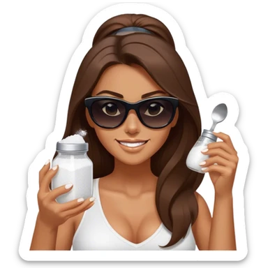 sassy woman with long brown hair and dark sunglasses holding a salt shaker filled with white table salt. She is shaking and sprinkling the salt. She is smirking.  sticker