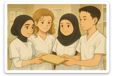 Four nursing students inspired by the four provided faces, working together in a care station, in Ghibli style. They wear short-sleeved white uniforms, medical tunics with V-neck and left chest pocket, no stethoscopes or clothing extending beyond sleeves. They exchange around a patient file, atmosphere of mutual aid and collaboration. sticker
