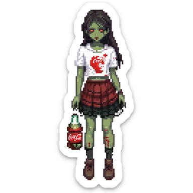 Generate an Asian girl, dark-haired, she's a zombie, wearing a skirt with lace, slightly torn,

Holding a bottle of Coca-Cola in her hands.

Background - a dark street in the style of Gotham City. sticker