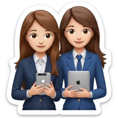 two brown haired girls, looking professional maybe leaned on each others back and looking forward and using phones, with long hair and one girl can hold lap top another one can hold the phone, professional clothes sticker