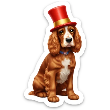 red cocker spaniel full length, wearing a New Year's cap sticker