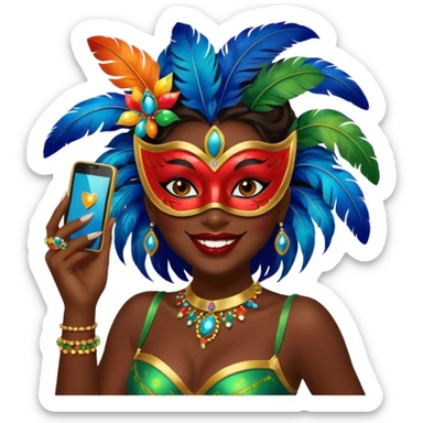 i need the same girl in "dark skin girl, dark red lipstick, nails very beautiful" to be smiling in "carnival mas costume, blue, green and orange preferably, full costume feathers at the back" she is to be smiling and happy with a phone in her hand taking a pico  sticker