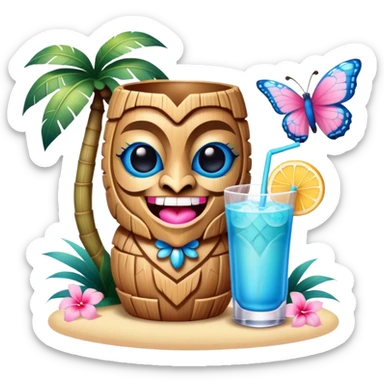 Pixar style little Blue and pink tiki singing with a butterfly and tropical drink, ultra detailed and lifelike imagery, realistic sticker