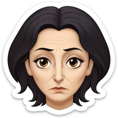 Mirri Maz Duur is a weathered, age 50 woman with deep-set dark eyes, high cheekbones, and a sharp nose, giving her a stern, knowing expression. Her long, unkempt dark hair  falls loosely over her shoulders sticker