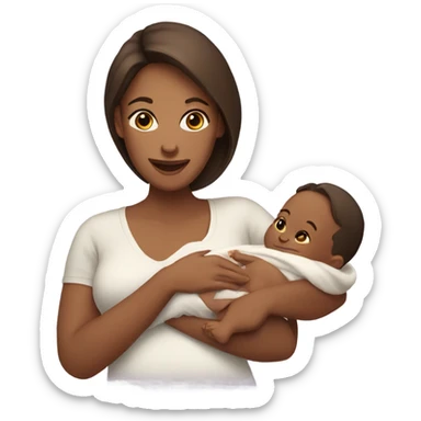 a woman holding her baby after giving birth. the woman have brown hair and looks happy sticker