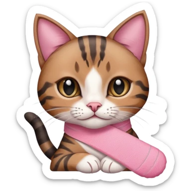 a young female brown and black tabby cat, with a pink bandage on her front paw, sticker