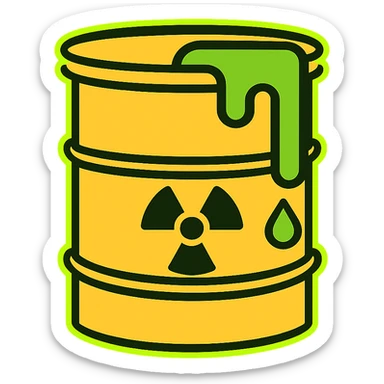 Add a bright radioactive green glow around the toxic barrel. Keep the background transparent. sticker