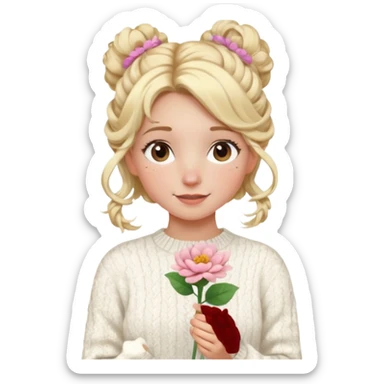 blonde hazel eyes girl holding a flower with a white cable knit sweater and a curly messy bun with tendrils of hair flowing down her face and she is happy pale, some freckles, blush sticker