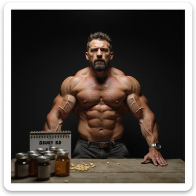 realistic muscular bodybuilder man with extremely dry and defined physique, serious expression, table with supplements and vials, calendar with 12 months behind, dimly lit gym background with dramatic lighting, face marked by fatigue sticker