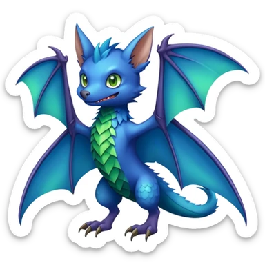 Cute cool fantasy animal hybrid bat-Sergal-Digimon-Fakemon full body, green scales, brown eyes, blue feathers sticker