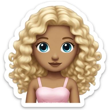 Tan skin, ocean blue doll eyes, blonde curly long hair, feminine, pink dress, girl, angelic sticker