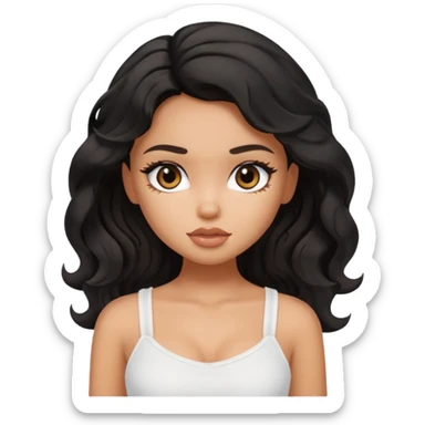 a pretty bratz tan girl with wavy black hair wearing a white cami top. Skintone is tan sticker