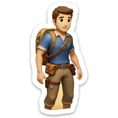 An icon representing an adventure game, inspired by titles like Uncharted 4. The design features a rugged explorer navigating through ancient ruins, with treasure maps and mysterious artifacts. A dynamic background of lush landscapes and perilous terrain highlights. Transparent background sticker