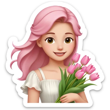  A girl Squint your eyes and smile with a half-up half-down hairstyle, and a white dress, enjoying the spring breeze.Holding a bundle of pink tulips sticker