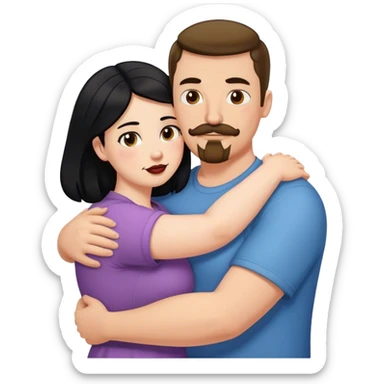 Tall strong white man with brown mustache goatee hugging a chubby short pale woman with long black hair sticker