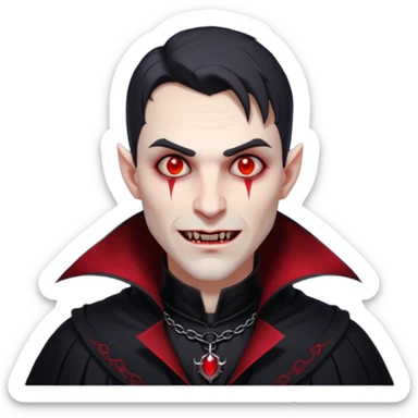 vampire village folk portrait, head and shoulders only, dark cloak collar, sharp fangs, red glowing eyes, gothic vibe, 3D cartoon, mobile game icon style, clean background, no text, no watermark

 sticker