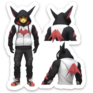Dark Black Unique Anthro Cool Kawaii Horned Bat-Winged Noivern-Zangoose-Litten-Feline-Pokémon with edgy stripes Punk Hoodie sticker