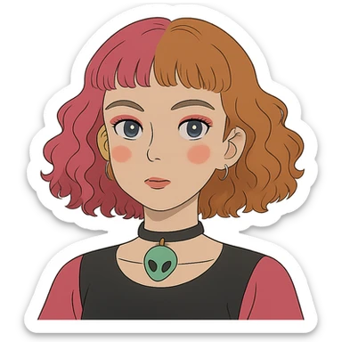 girl with blue eyes, pink makeup, narrow eyebrows, earrings, green alien head choker, black and pink blouse, curly shoulder-length hair, half hot pink half ginger, short straight baby bangs sticker