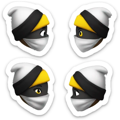 Robber black and white with a yellow face and with a black beanie sticker