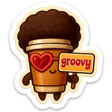 Tall coffee cup, no mouth, afro, heart glasses, holding sign "groovy" sticker