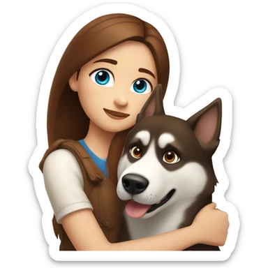 a girl with blue eyes and brown hair hugs a husky dog ​​with brown eyes sticker