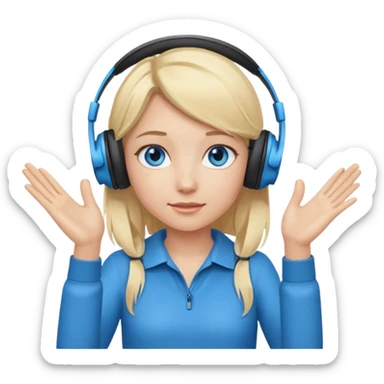girl with blonde hair and blue eys with heands telling what, having heaphones on head sticker