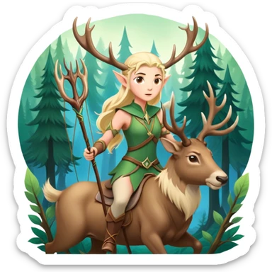 clash-of-clans-aesthetic-blond-elf-archer-portrait-emoji, rendered in a flat, vector-style with minimal shading and bold, simplified shapes, head tilted slightly forward with a determined, focused expression, riding a majestic stag whose luminous antlers glow with mystical energy, set against an ancient, enchanted forest backdrop. sticker