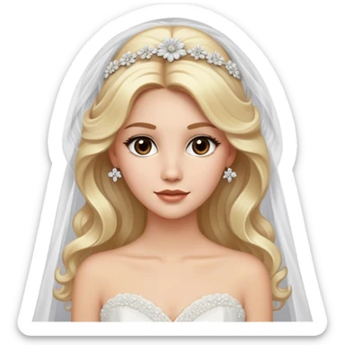 pretty blonde with brown eyes, long wavy hair, glamorous white tulle gown with 3D tulle flower embellishments, wedding veil, and diamond jewelry, highly-detailed sticker