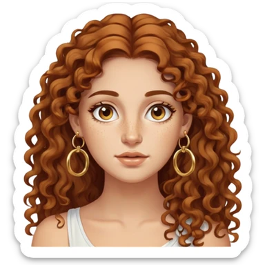 Attractive Greek woman with wide face, freckles, long curly amber-brown hair and gold hoop earrings sticker