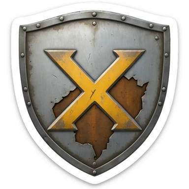 a battle worn steel shield with engraved text "XXX" (Three Xs), the text should be prominent and in the center of the shield sticker