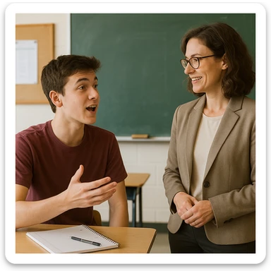 a student speaking to a teacher in a classroom setting, showing the act of verbalizing or expressing thoughts sticker