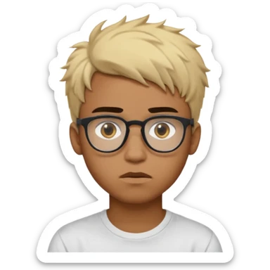 Teenager. Short buzz, messy blonde hair. Dark brown bushy eyebrows large expressive golden-brown eyes, brown skin color, scar over nose, wearing a plain white t-shirt. wearing clear thick black glasses. 20 year old male. thinking facial expression. brown skin color.  sticker