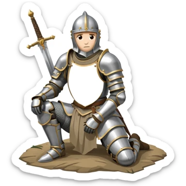 A lone medieval knight in plate, worn armor kneels. His helmet is closed, hiding his face, conveying silence, exhaustion and contemplation. A long sword is planted in the ground beside him, its hilt resting near his gloved hands as if he is praying or resting after battle. sticker