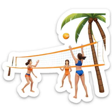 A volleyball resting on the orange sand of a beach, with a volleyball net in the background. The scene includes a beautiful beach landscape with blue sea, sky, and palm trees, while a couple of women in swimsuits play in the distance, capturing the relaxed yet competitive vibe of beach volleyball. sticker