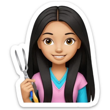 a pretty tan bratz girl with black long straight hair smiling and holding scissors sticker