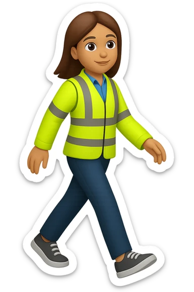 Edit the images to depict a full-body white female person walking, with shoulder-length brown hair, wearing a high-visibility vest, no hard hat, and trainers. The style should resemble apple style emojis with no background (transparent). sticker