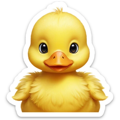 Cinematic Cute Yellow Baby Duck Portrait Emoji, Head tilted playfully and inquisitively, featuring a fluffy, vibrant yellow downy coat with a tiny delicate beak, round, sparkling eyes filled with curiosity, Simplified yet irresistibly adorable features, highly detailed, glowing with a warm, friendly glow, high shine, affectionate and spirited, stylized with a touch of playful whimsy, bright and endearing, soft glowing outline, capturing the essence of a mischievous yet loving duckling, so playful it feels like it could peep out of the screen and into your arms! sticker