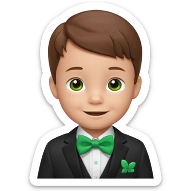baby cute boy, brown hair in suit, with green bow, smile sticker